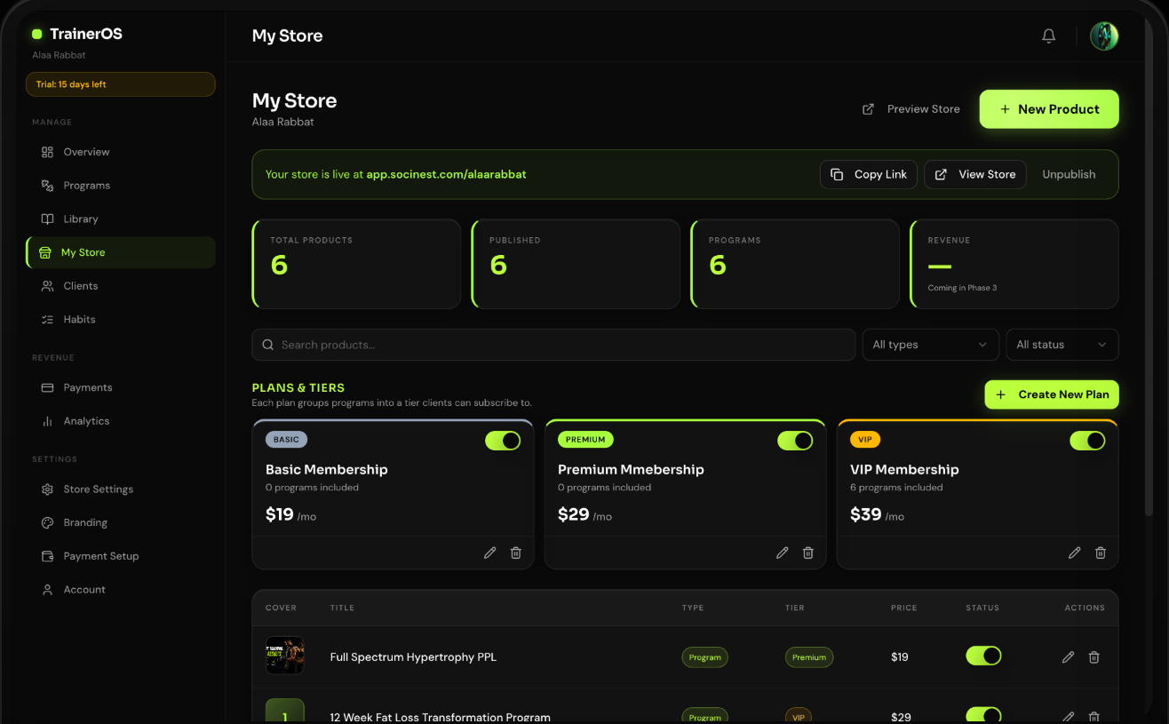 TrainerOS store management screen showing products, membership tiers and published programmes