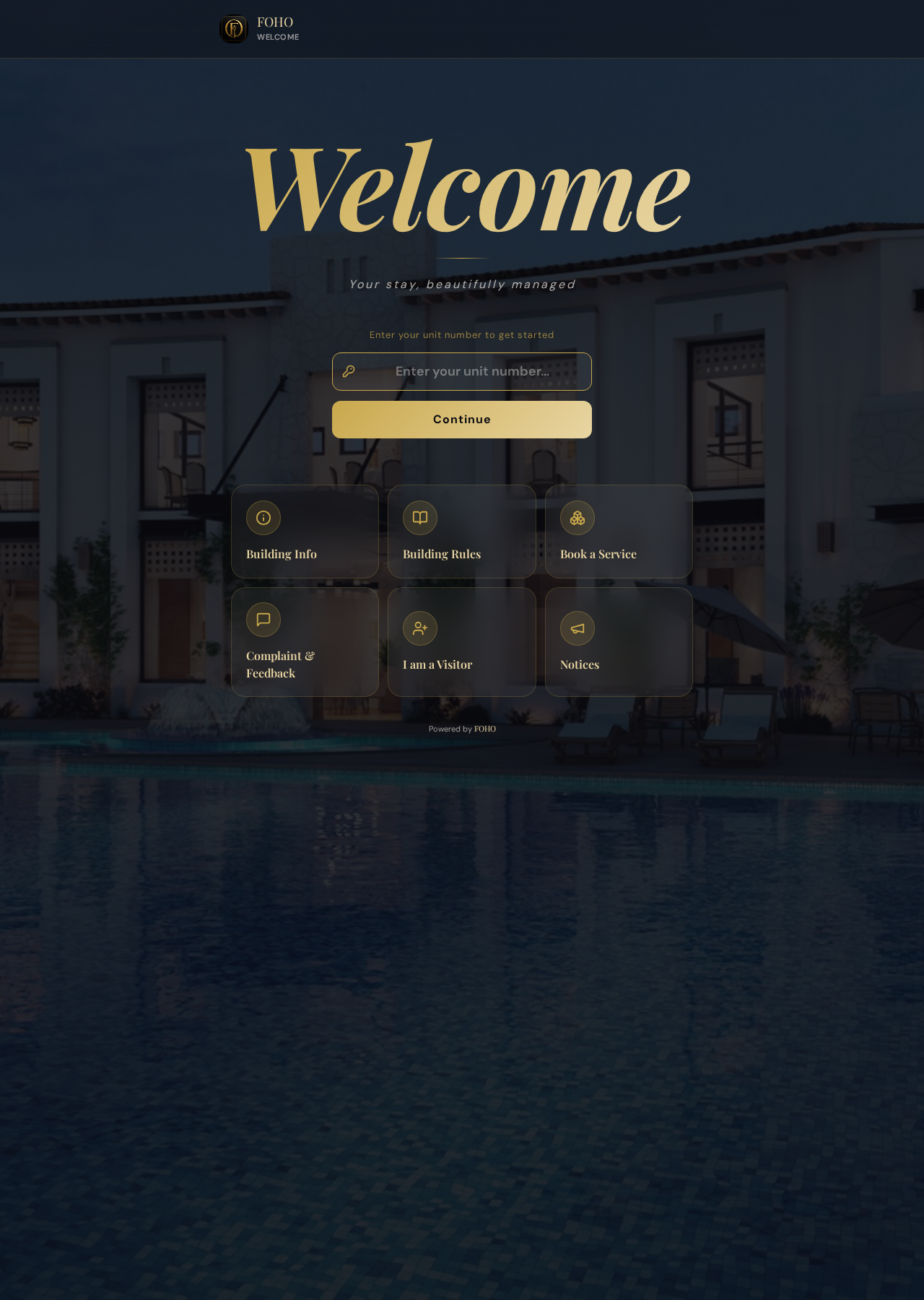 FOHO guest app showing resident services and building information